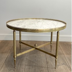 Table Basse Ronde Néoclassique en Laiton et Marbre de Carrare, Maison Jansen, Travail Français, vers 1940