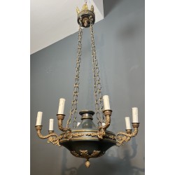 Large Empire Style Chandelier in Green Sheet Metal and Gilded Bronze with Palmette Ornaments, French Work, circa 1920