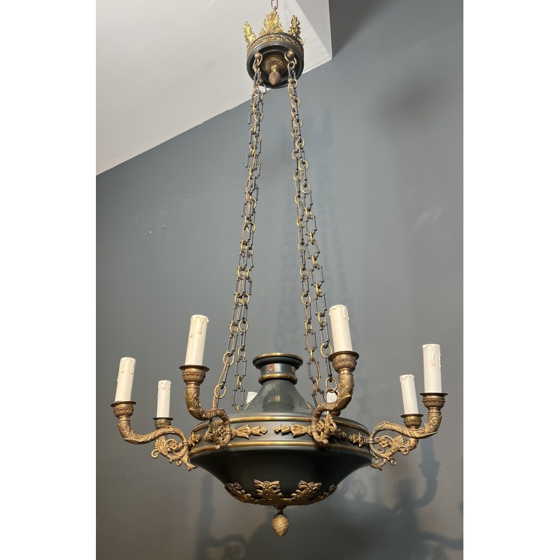 Large Empire Style Chandelier in Green Sheet Metal and Gilded Bronze with Palmette Ornaments, French Work, circa 1920