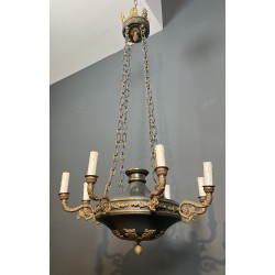 Large Empire Style Chandelier in Green Sheet Metal and Gilded Bronze with Palmette Ornaments, French Work, circa 1920