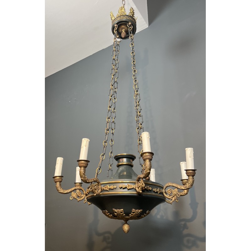 Important Lustre de Style Empire en Tôle Verte et Bronze Doré à Palmettes, Travail Français, vers 1920