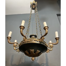 Large Empire Style Chandelier in Green Sheet Metal and Gilded Bronze with Palmette Ornaments, French Work, circa 1920