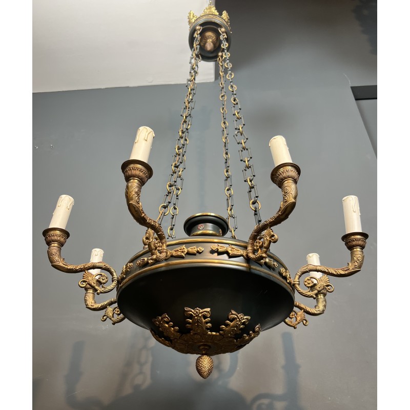 Large Empire Style Chandelier in Green Sheet Metal and Gilded Bronze with Palmette Ornaments, French Work, circa 1920