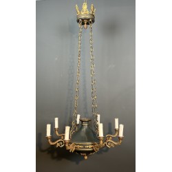 Large Empire Style Chandelier in Green Sheet Metal and Gilded Bronze with Palmette Ornaments, French Work, circa 1920