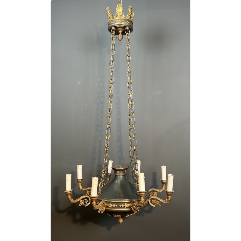 Large Empire Style Chandelier in Green Sheet Metal and Gilded Bronze with Palmette Ornaments, French Work, circa 1920