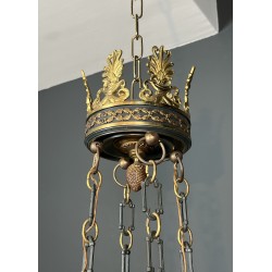 Large Empire Style Chandelier in Green Sheet Metal and Gilded Bronze with Palmette Ornaments, French Work, circa 1920