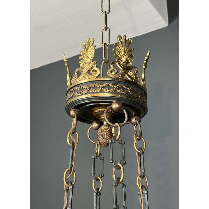 Important Lustre de Style Empire en Tôle Verte et Bronze Doré à Palmettes, Travail Français, vers 1920