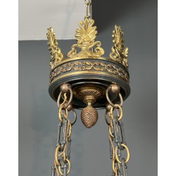 Large Empire Style Chandelier in Green Sheet Metal and Gilded Bronze with Palmette Ornaments, French Work, circa 1920
