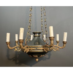 Large Empire Style Chandelier in Green Sheet Metal and Gilded Bronze with Palmette Ornaments, French Work, circa 1920