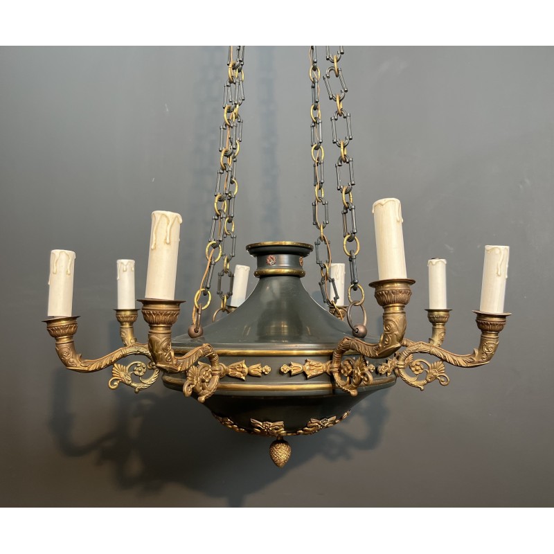 Large Empire Style Chandelier in Green Sheet Metal and Gilded Bronze with Palmette Ornaments, French Work, circa 1920