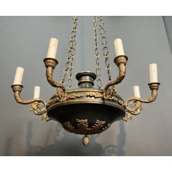 Large Empire Style Chandelier in Green Sheet Metal and Gilded Bronze with Palmette Ornaments, French Work, circa 1920