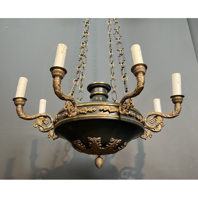 Large Empire Style Chandelier in Green Sheet Metal and Gilded Bronze with Palmette Ornaments, French Work, circa 1920