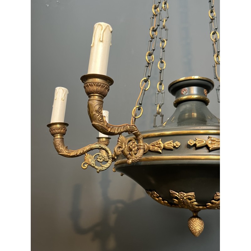 Large Empire Style Chandelier in Green Sheet Metal and Gilded Bronze with Palmette Ornaments, French Work, circa 1920