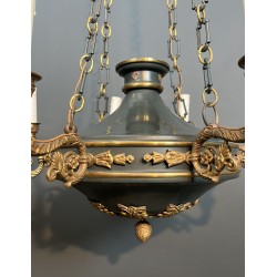 Large Empire Style Chandelier in Green Sheet Metal and Gilded Bronze with Palmette Ornaments, French Work, circa 1920