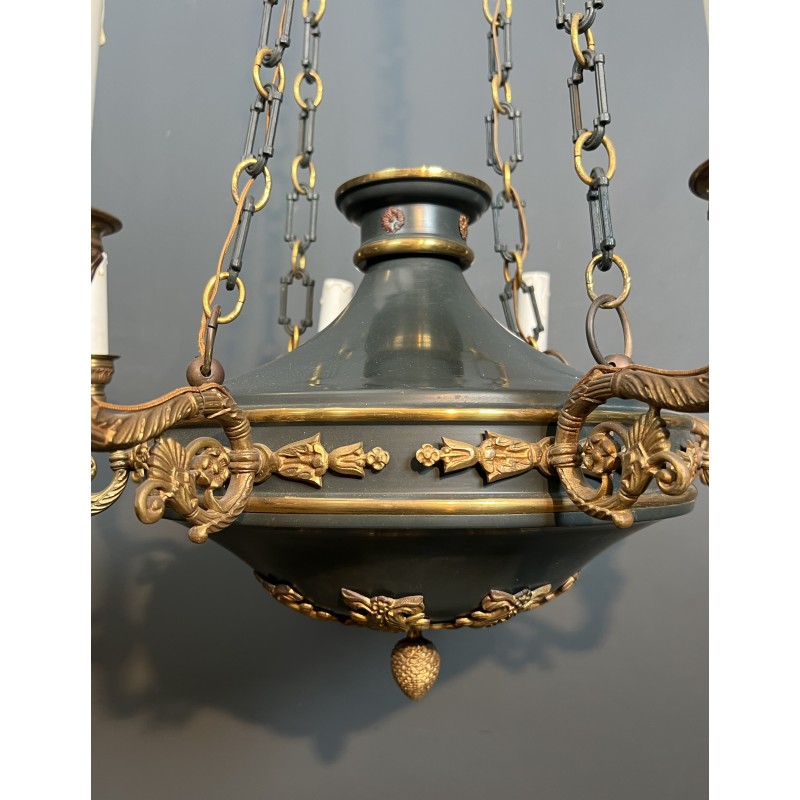 Large Empire Style Chandelier in Green Sheet Metal and Gilded Bronze with Palmette Ornaments, French Work, circa 1920