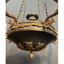 Large Empire Style Chandelier in Green Sheet Metal and Gilded Bronze with Palmette Ornaments, French Work, circa 1920