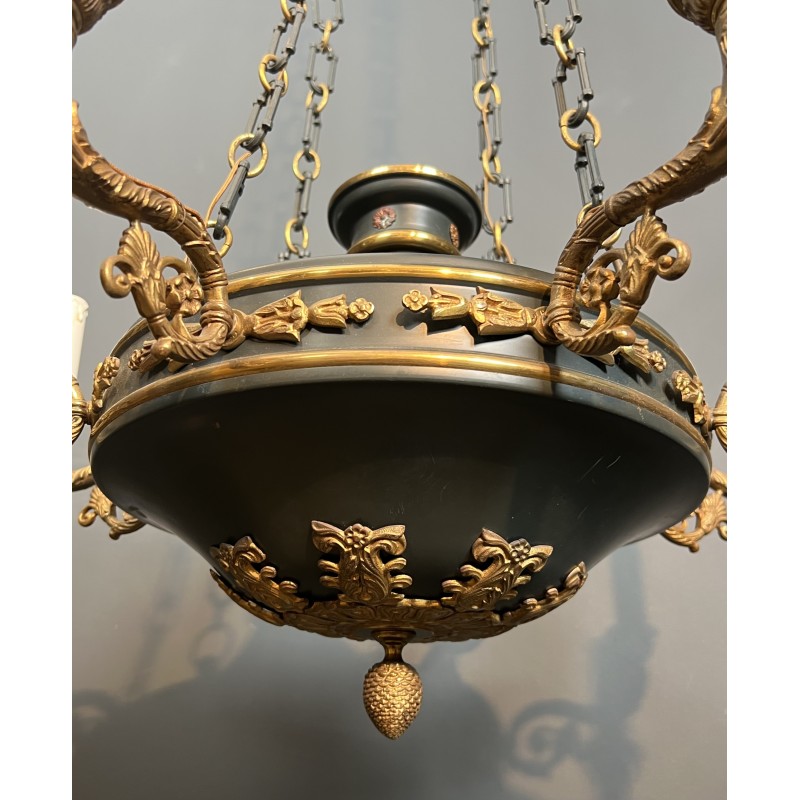 Important Lustre de Style Empire en Tôle Verte et Bronze Doré à Palmettes, Travail Français, vers 1920