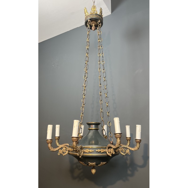 Important Lustre de Style Empire en Tôle Verte et Bronze Doré à Palmettes, Travail Français, vers 1920