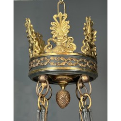 Large Empire Style Chandelier in Green Sheet Metal and Gilded Bronze with Palmette Ornaments, French Work, circa 1920