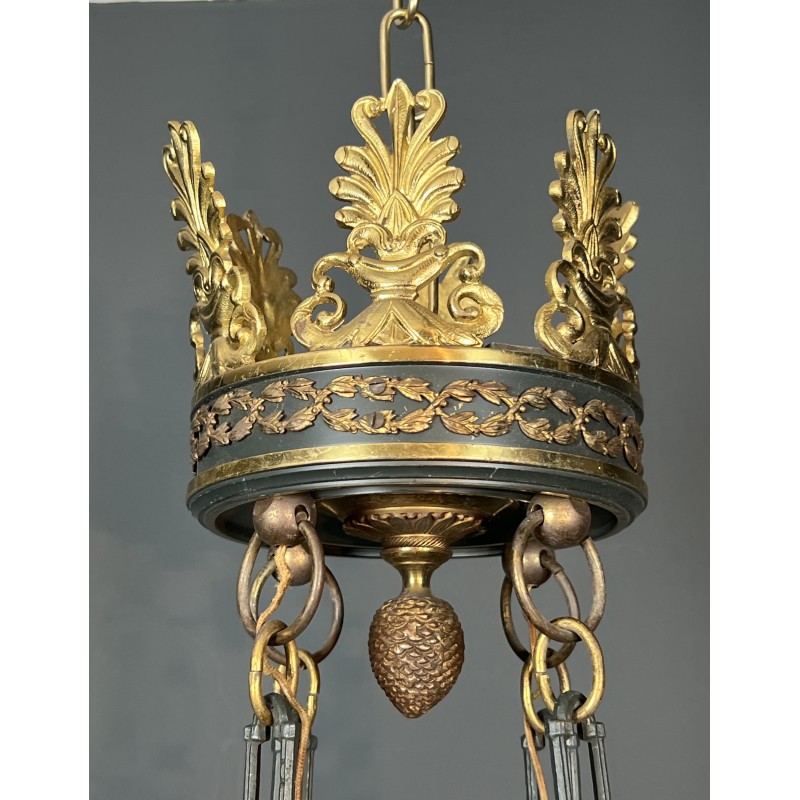 Large Empire Style Chandelier in Green Sheet Metal and Gilded Bronze with Palmette Ornaments, French Work, circa 1920
