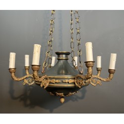 Large Empire Style Chandelier in Green Sheet Metal and Gilded Bronze with Palmette Ornaments, French Work, circa 1920