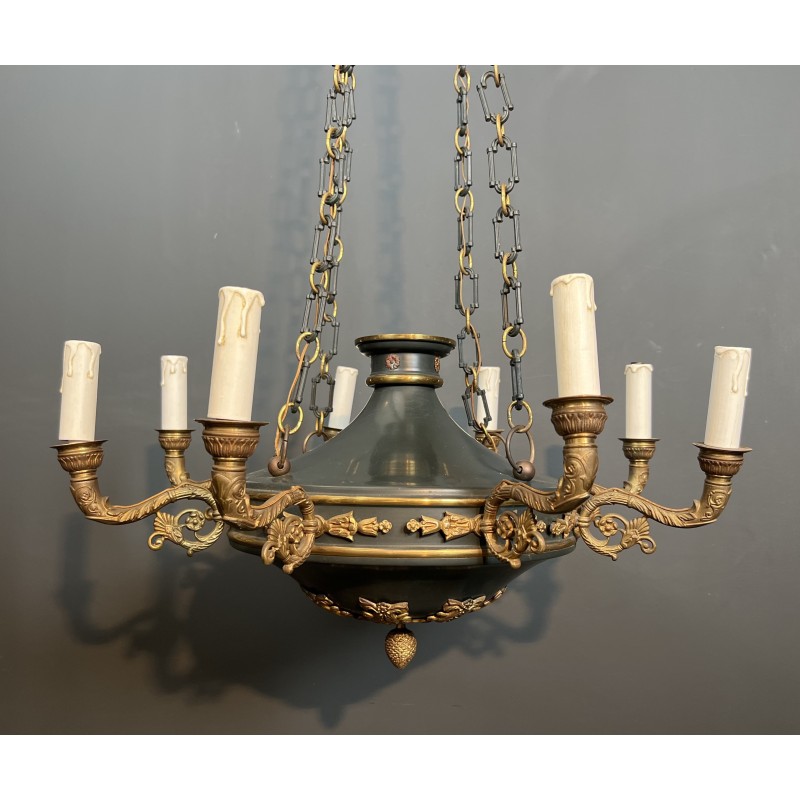 Large Empire Style Chandelier in Green Sheet Metal and Gilded Bronze with Palmette Ornaments, French Work, circa 1920