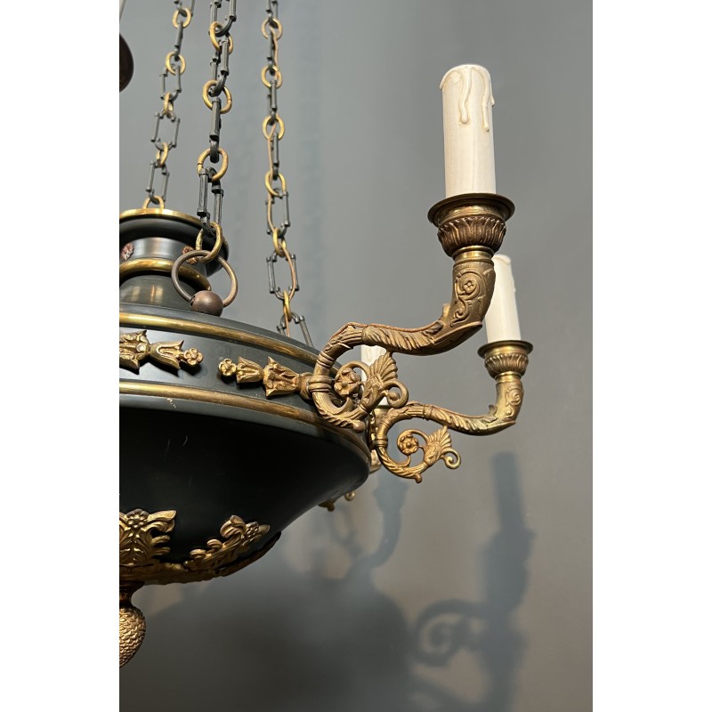 Large Empire Style Chandelier in Green Sheet Metal and Gilded Bronze with Palmette Ornaments, French Work, circa 1920