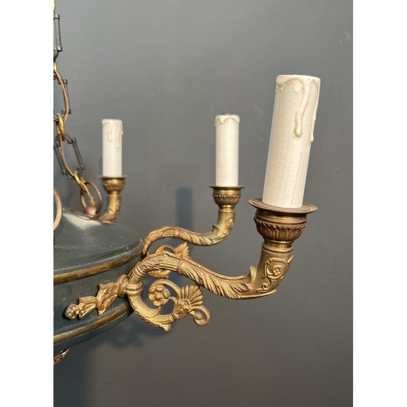 Large Empire Style Chandelier in Green Sheet Metal and Gilded Bronze with Palmette Ornaments, French Work, circa 1920