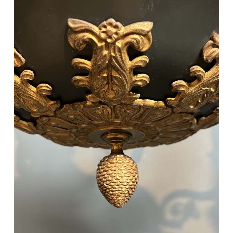 Important Lustre de Style Empire en Tôle Verte et Bronze Doré à Palmettes, Travail Français, vers 1920