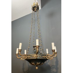 Large Empire Style Chandelier in Green Sheet Metal and Gilded Bronze with Palmette Ornaments, French Work, circa 1920