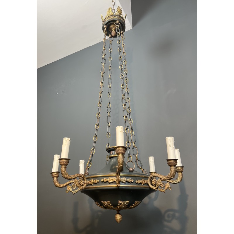 Large Empire Style Chandelier in Green Sheet Metal and Gilded Bronze with Palmette Ornaments, French Work, circa 1920