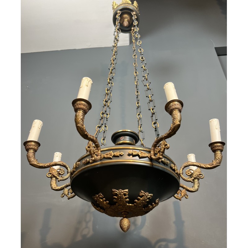 Large Empire Style Chandelier in Green Sheet Metal and Gilded Bronze with Palmette Ornaments, French Work, circa 1920