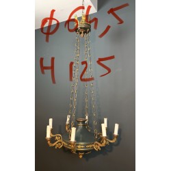 Large Empire Style Chandelier in Green Sheet Metal and Gilded Bronze with Palmette Ornaments, French Work, circa 1920