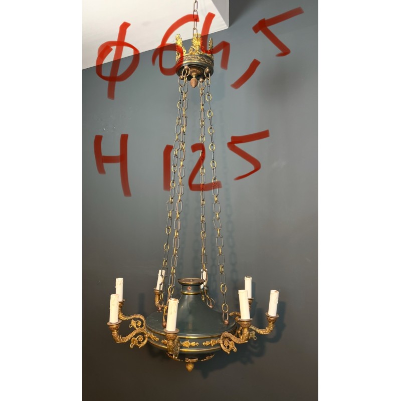 Large Empire Style Chandelier in Green Sheet Metal and Gilded Bronze with Palmette Ornaments, French Work, circa 1920