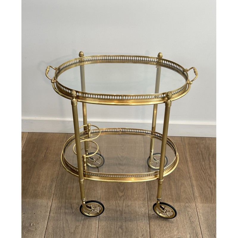 Petite Table Roulante Ovale Néoclassique en Laiton à Double Plateaux Amovibles et Galerie Ajourée, Maison Baguès, vers 1940
