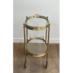 Petite Table Roulante Ovale Néoclassique en Laiton à Double Plateaux Amovibles et Galerie Ajourée, Maison Baguès, vers 1940