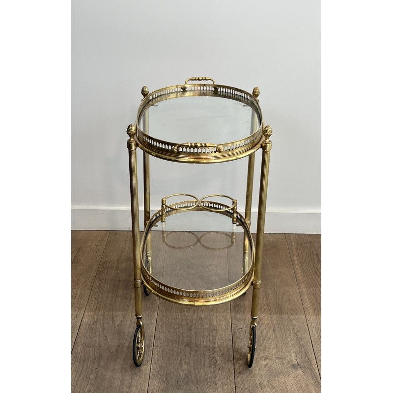 Petite Table Roulante Ovale Néoclassique en Laiton à Double Plateaux Amovibles et Galerie Ajourée, Maison Baguès, vers 1940