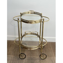 Small Oval Neoclassical Brass Drinks Trolley with Double Removable Tops and Openwork Gallery by Maison Baguès, circa 1940
