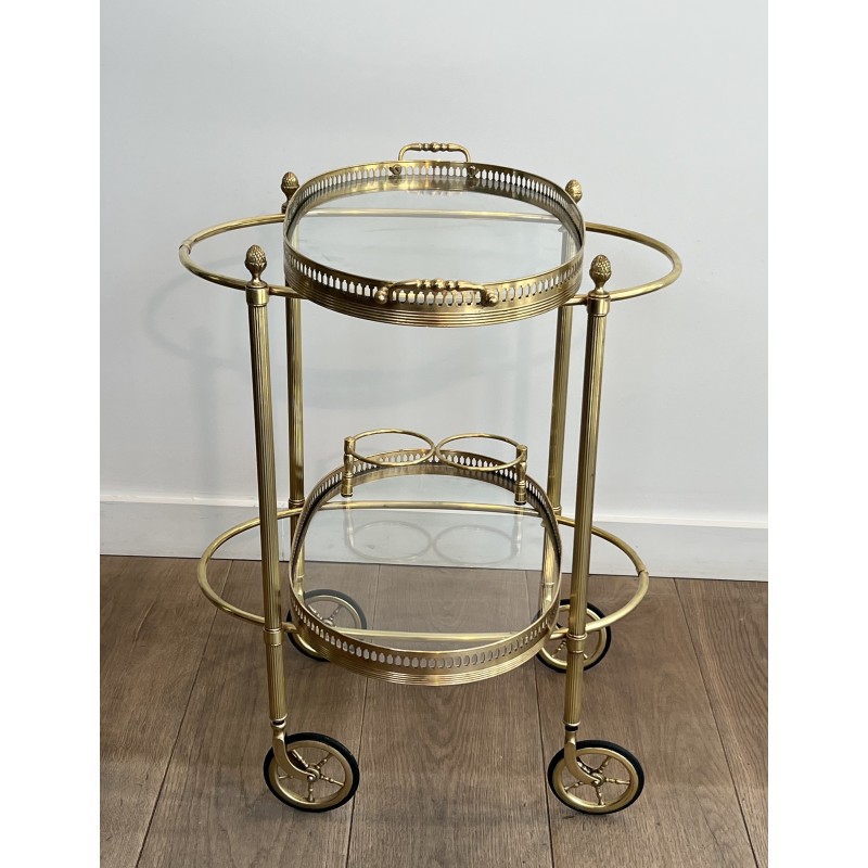Small Oval Neoclassical Brass Drinks Trolley with Double Removable Tops and Openwork Gallery by Maison Baguès, circa 1940
