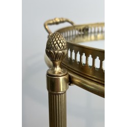 Small Oval Neoclassical Brass Drinks Trolley with Double Removable Tops and Openwork Gallery by Maison Baguès, circa 1940