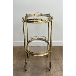 Small Oval Neoclassical Brass Drinks Trolley with Double Removable Tops and Openwork Gallery by Maison Baguès, circa 1940