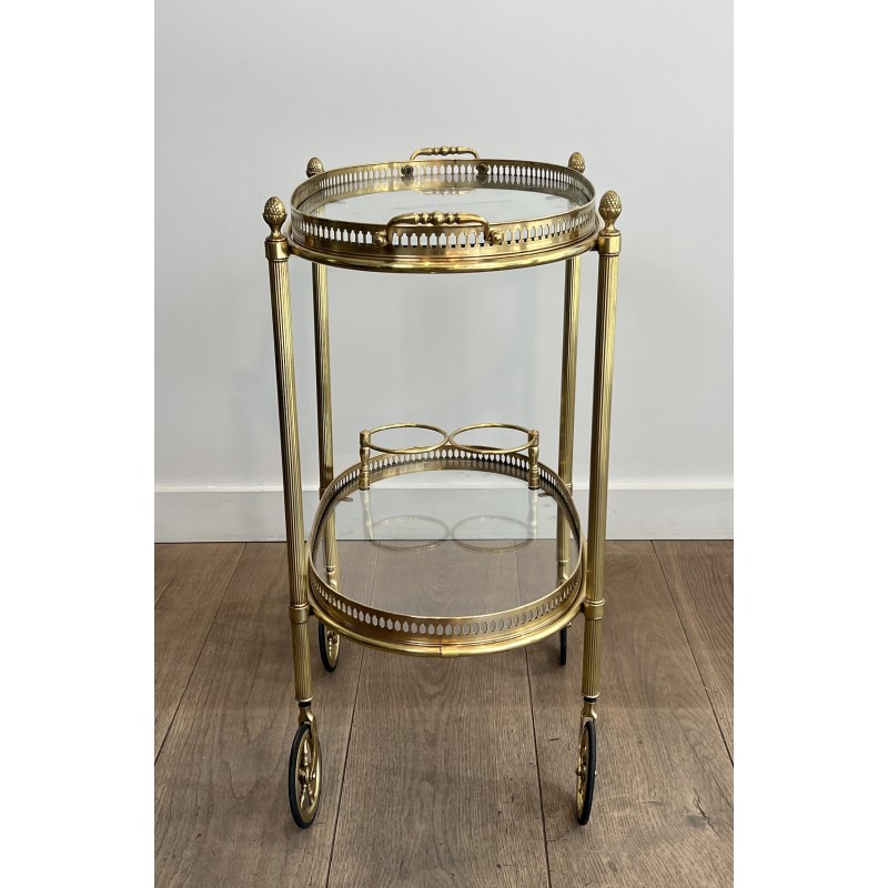 Small Oval Neoclassical Brass Drinks Trolley with Double Removable Tops and Openwork Gallery by Maison Baguès, circa 1940
