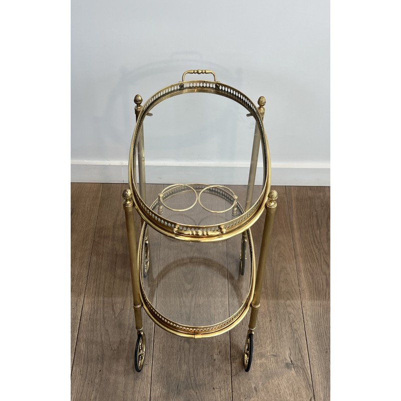 Petite Table Roulante Ovale Néoclassique en Laiton à Double Plateaux Amovibles et Galerie Ajourée, Maison Baguès, vers 1940
