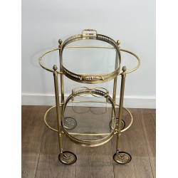 Small Oval Neoclassical Brass Drinks Trolley with Double Removable Tops and Openwork Gallery by Maison Baguès, circa 1940