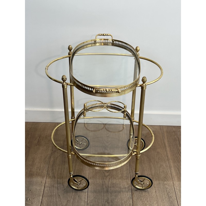 Small Oval Neoclassical Brass Drinks Trolley with Double Removable Tops and Openwork Gallery by Maison Baguès, circa 1940