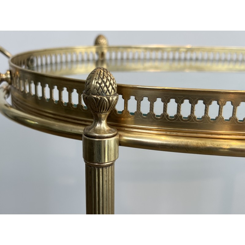 Petite Table Roulante Ovale Néoclassique en Laiton à Double Plateaux Amovibles et Galerie Ajourée, Maison Baguès, vers 1940