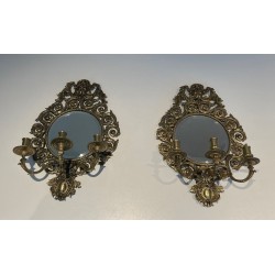 Importante Paire d'Appliques de Style Louis XIV en Bronze et Miroir 