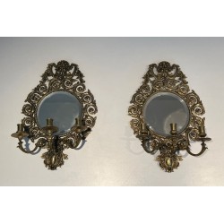 Importante Paire d'Appliques de Style Louis XIV en Bronze et Miroir 
