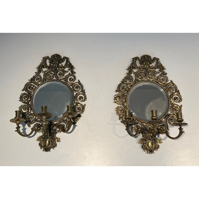 Importante Paire d'Appliques de Style Louis XIV en Bronze et Miroir 
