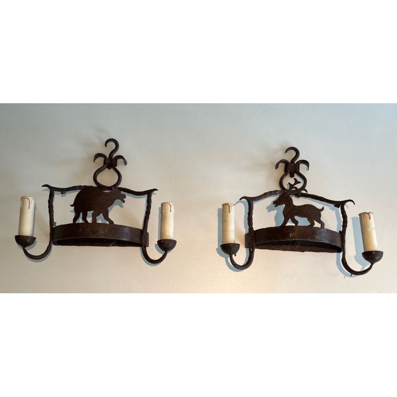 Pair of Wrought Iron Wall lights Showing Animals